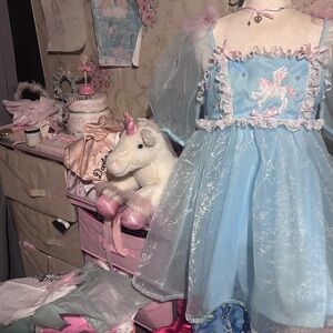 Pretty Pegasus , ooak puff sleeve dress  tulle baby blue  pink bows coquette